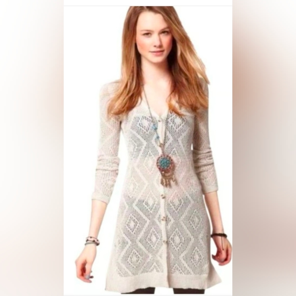 Free People White Diamond Crochet Long Cardigan